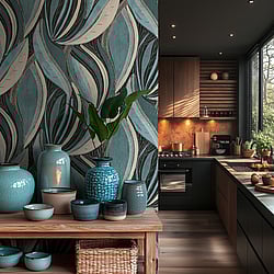 Galerie Wallcoverings Product Code HZ62064 - Horizon Wallpaper Collection - Blue Grey Metallic Colours - Flowing Leaf Design